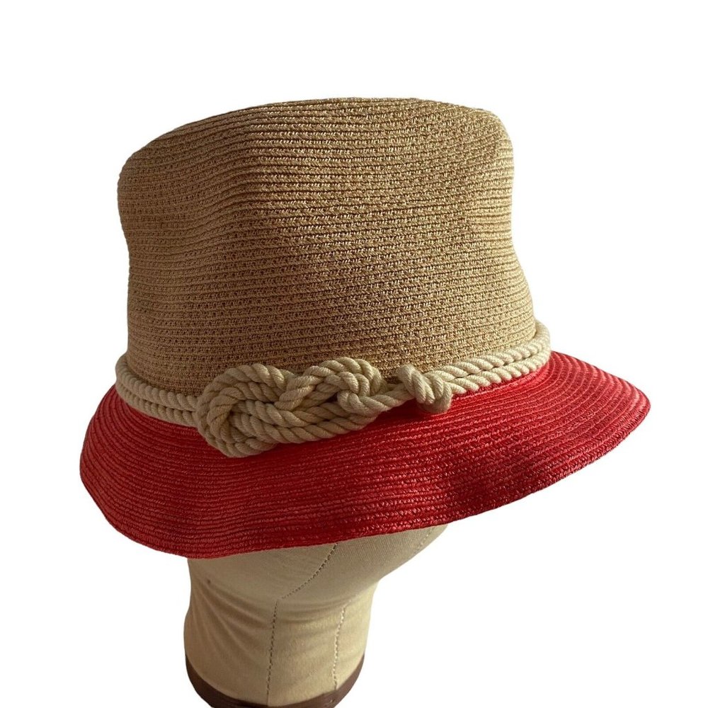 Eugenia Kim Two-Tone Straw Bucket Hat in Natural and Red with Rope Trim
